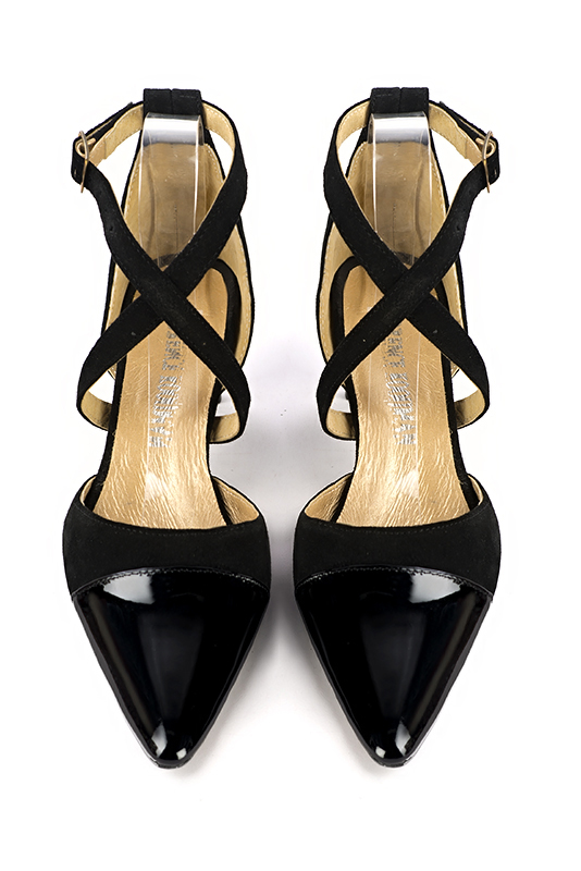 Satin black women's open side shoes, with crossed straps. Tapered toe. Medium comma heels. Top view - Florence KOOIJMAN